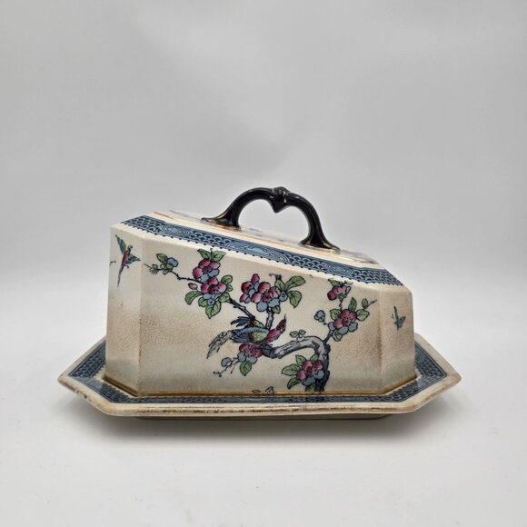 Vintage Ceramic Cheese Dish/ Butter Dish Floral Bird Design Blue Lined England - Picture 1 of 13